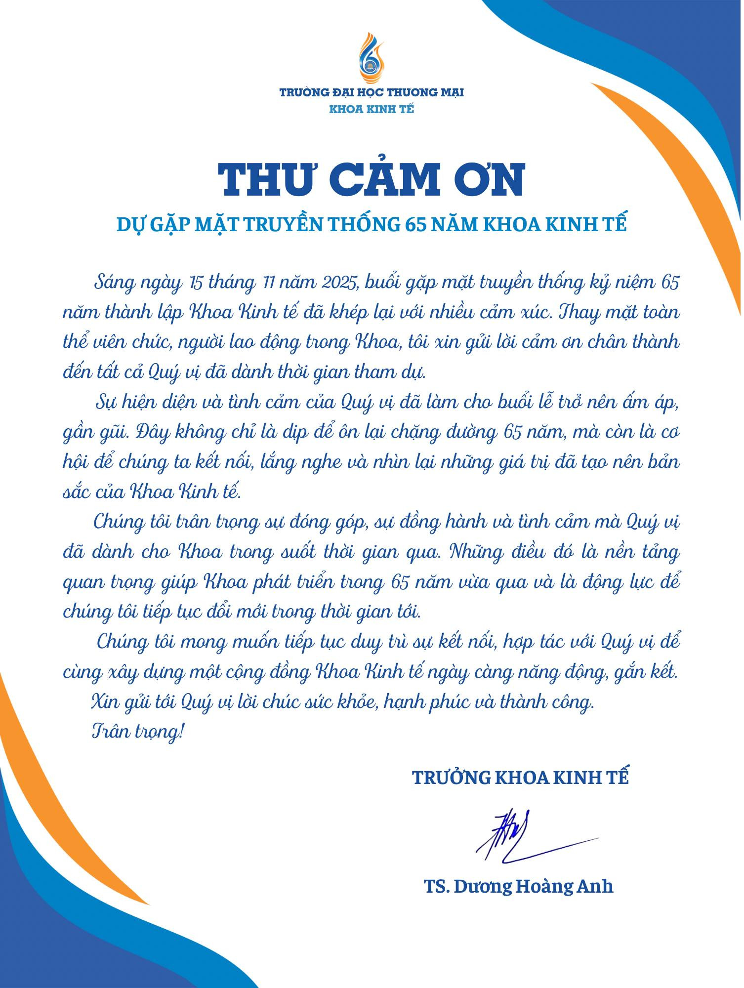 THƯ CẢM ƠN GẶP MẶT TRUYỀN THỐNG 65 NĂM KHOA KINH TẾ